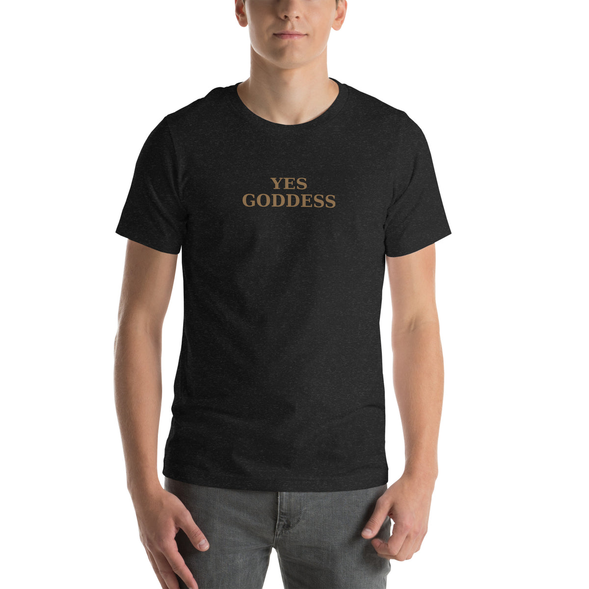 Model wearing a black YES GODDESS T-shirt with gold lettering