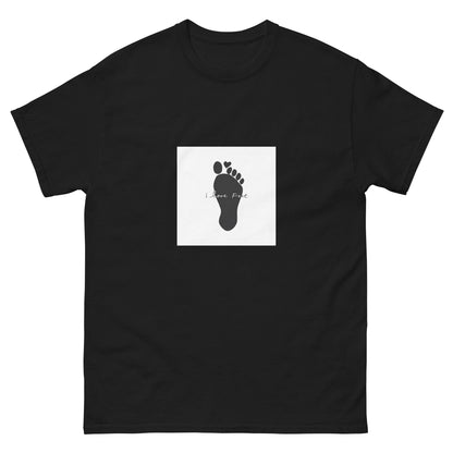 Black I Love Feet T-shirt with a white square footprint graphic
