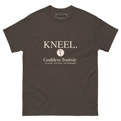 Dark chocolate KNEEL T-shirt with ivory lettering, front view