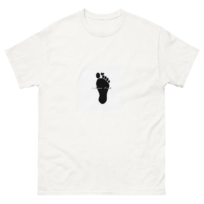 White I Love Feet T-shirt with a black footprint graphic