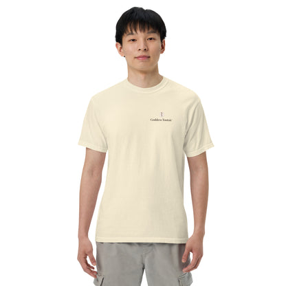 Model wearing the ivory Signature T-shirt