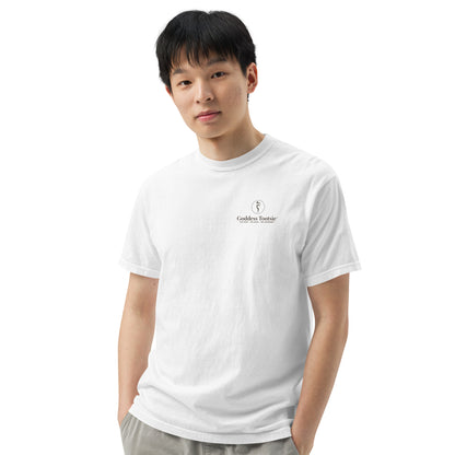 Model wearing the white Signature T-shirt