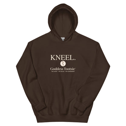 Dark chocolate KNEEL hoodie with ivory lettering, front view