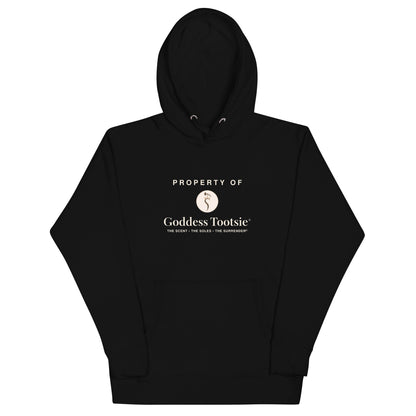 Black Property of Goddess Tootsie hoodie with ivory chest artwork