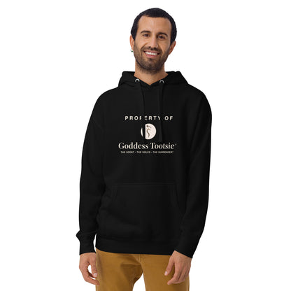 Model wearing the black Property of Goddess Tootsie hoodie