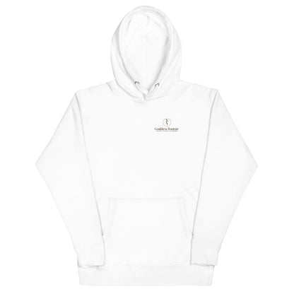 White Signature hoodie with small Goddess Tootsie chest logo