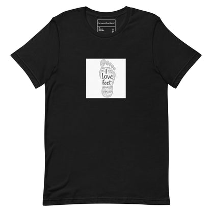 Black T-shirt with a white footprint graphic, front view