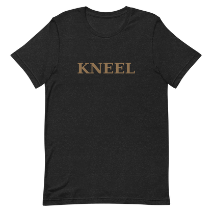 Black KNEEL T-shirt with gold lettering, front view