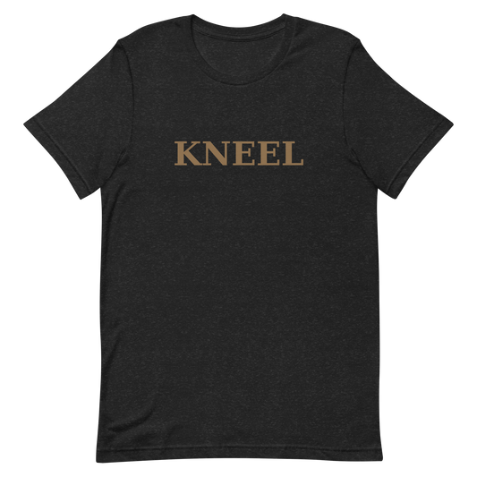 Black KNEEL T-shirt with gold lettering, front view