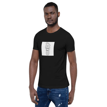 Model wearing a black footprint graphic T-shirt