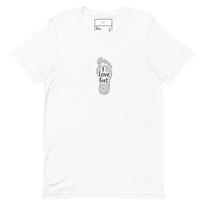 White T-shirt with a dark footprint graphic, front view